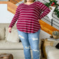 Erika Striped V-Neck Long Sleeve Top in Burgundy