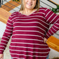 Erika Striped V-Neck Long Sleeve Top in Burgundy