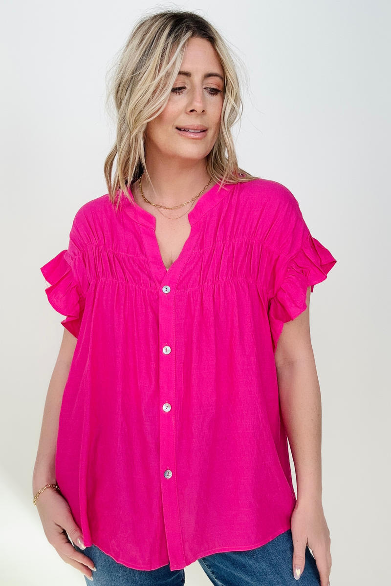 Woven Button Down Ruffle Sleeve Top - Multiple Colors