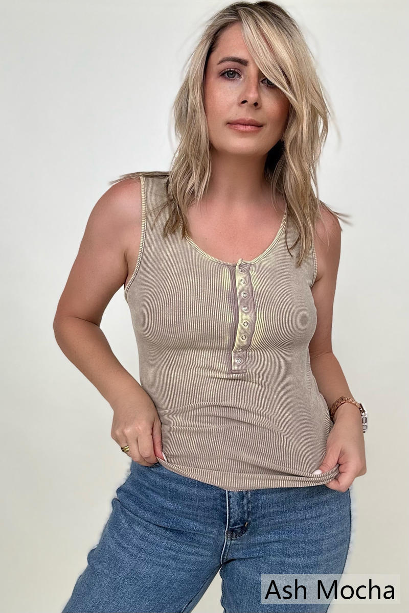 Ribbed Scoop Neck Henley Tank Top - Multiple colors