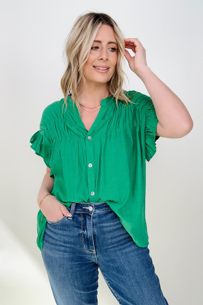 Woven Button Down Ruffle Sleeve Top - Multiple Colors