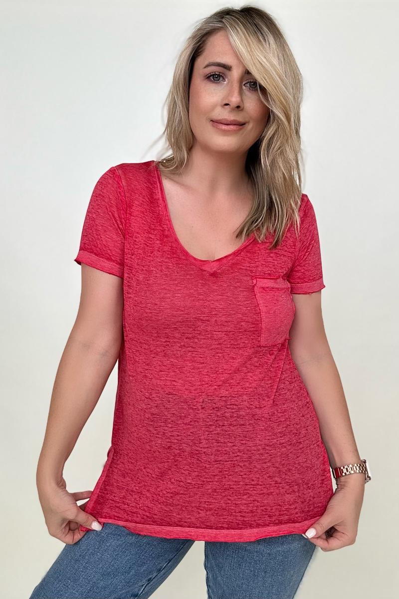 Washed Melange Burnout Scoop V-Neck Top - Multiple Colors