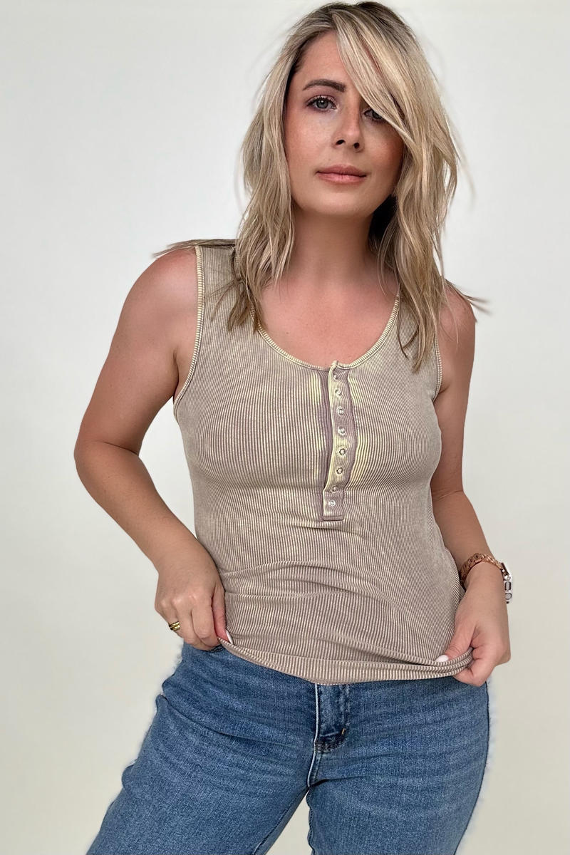 Ribbed Scoop Neck Henley Tank Top - Multiple colors