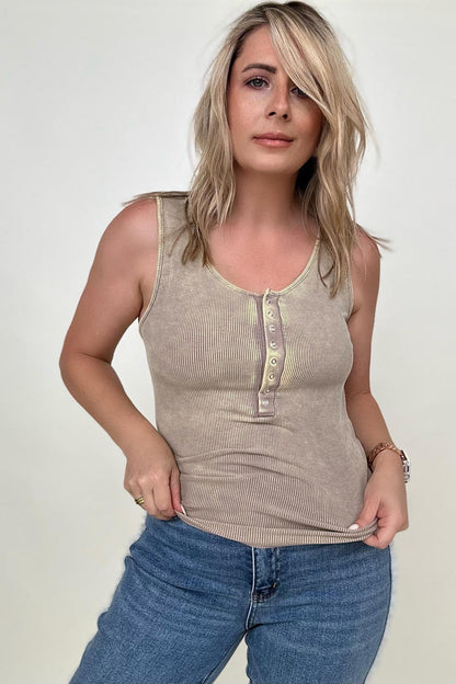 Ribbed Scoop Neck Henley Tank Top - Multiple colors