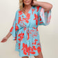 Floral Button Drawstring Batwing Sleeve Mini Dress