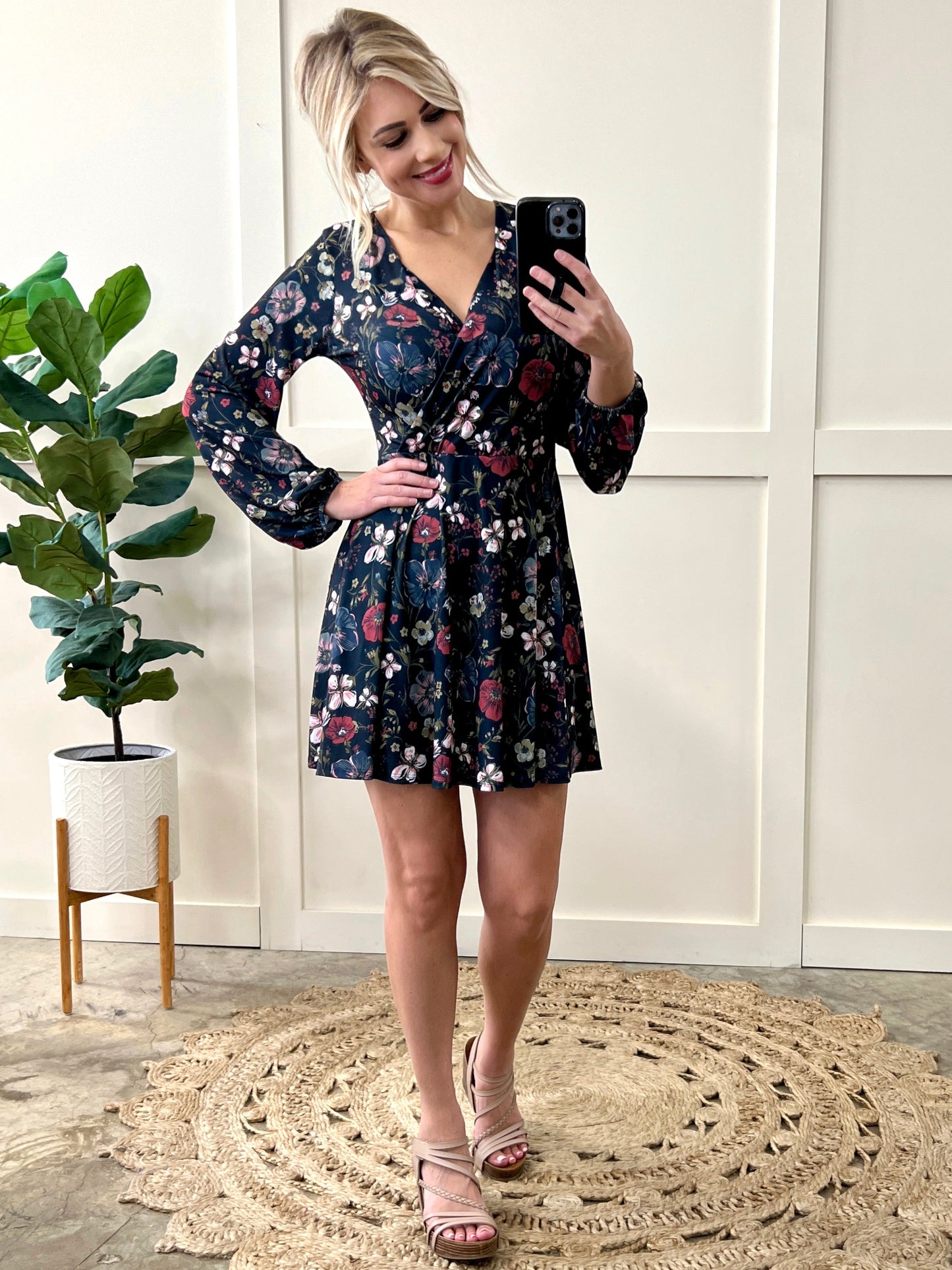 Long Sleeve Surplice Dress With Attached Shorts In Navy Florals 11.20