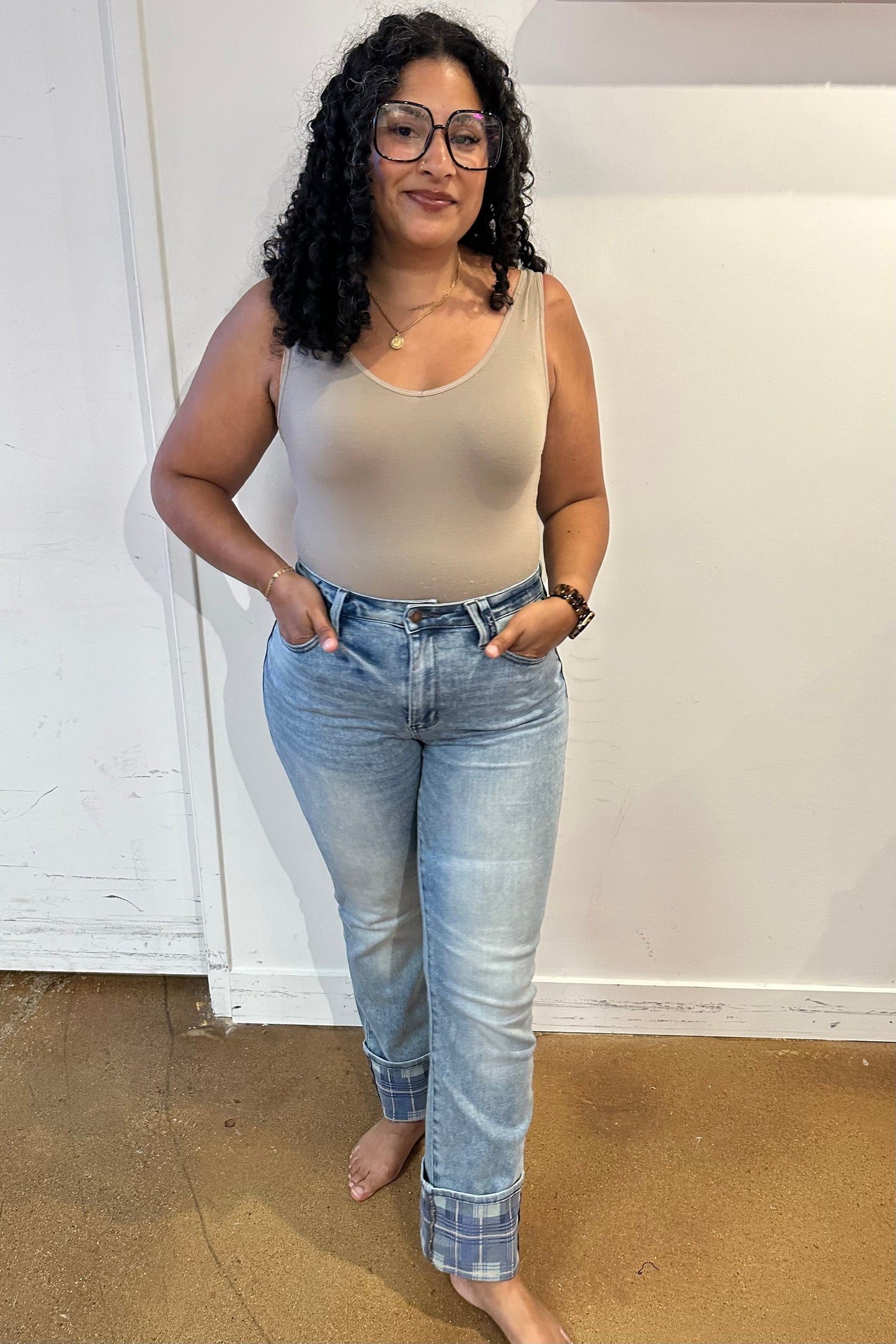 Judy Blue High Rise Plaid Cuff Vintage Straight Jeans