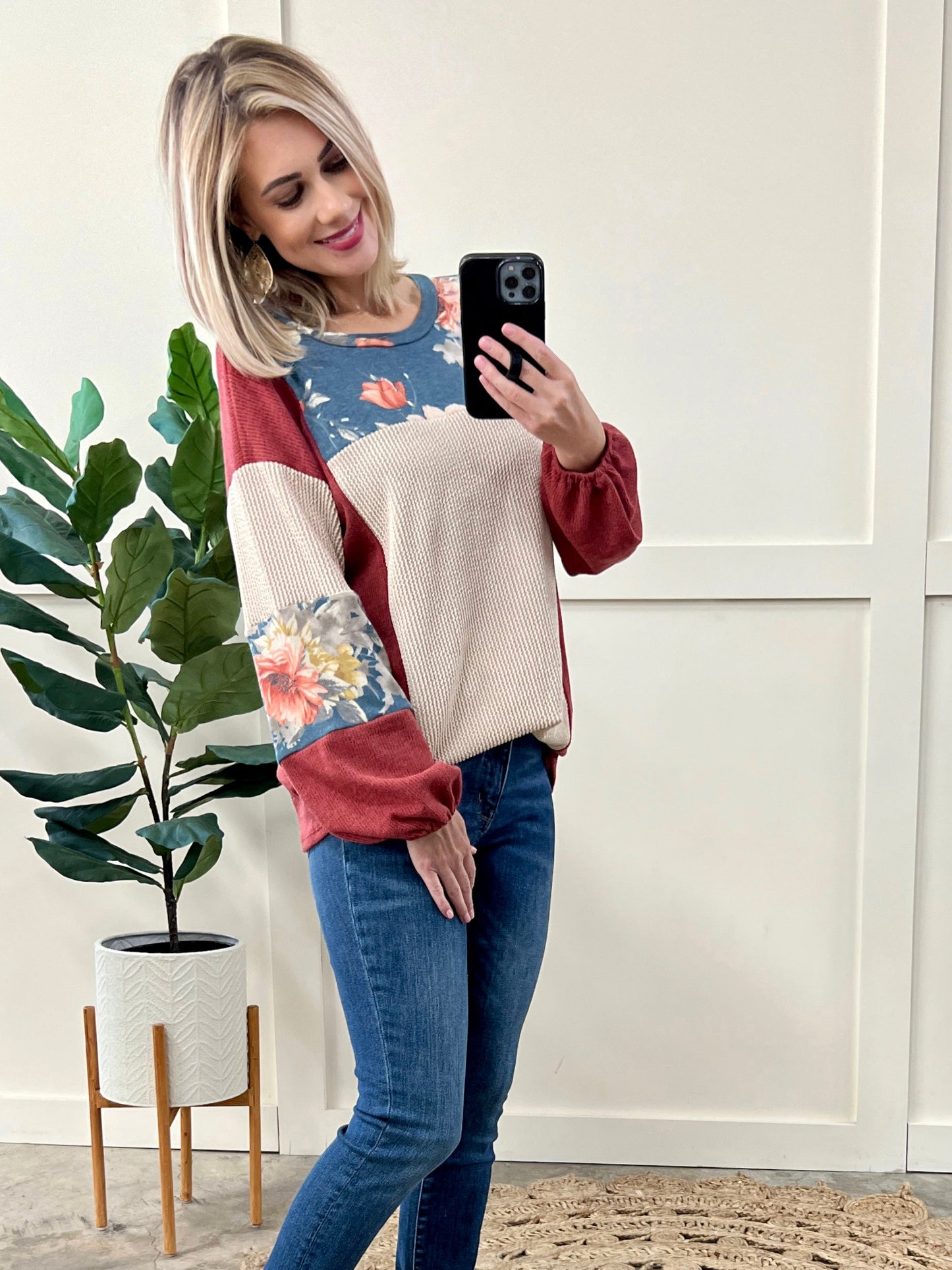 Cream Color Block Top In Rustic Fall Florals