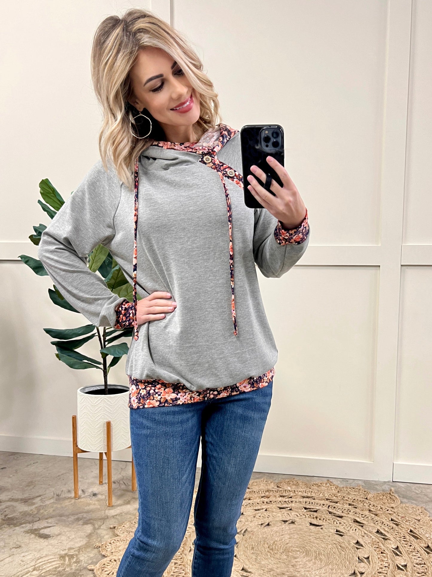 Grey Button Detail Shoulder Hoodie In Navy Florals 11.24