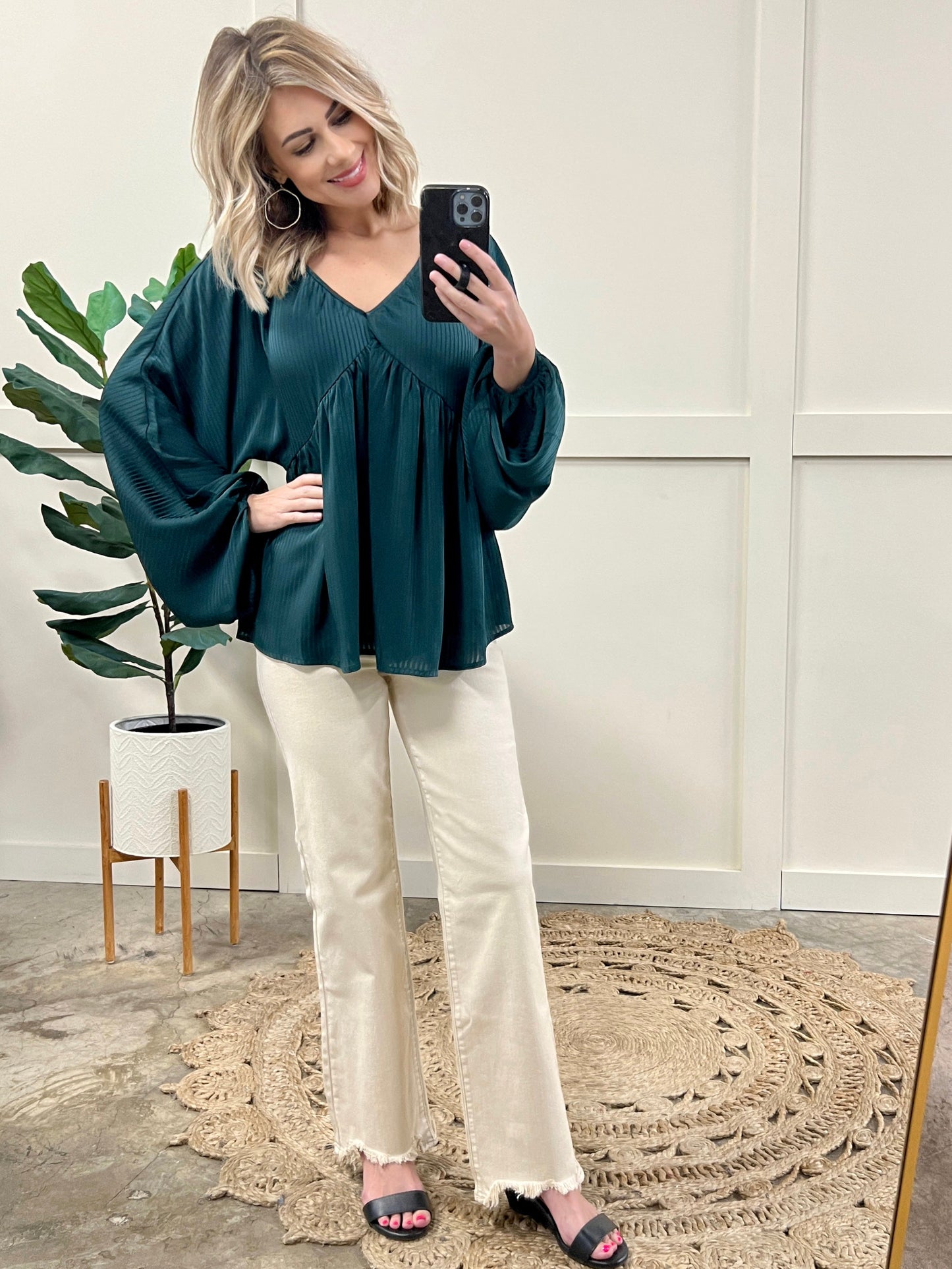 Elegant Shadowed Blouse With Tie Back Detail In Midnight Emerald 11.20