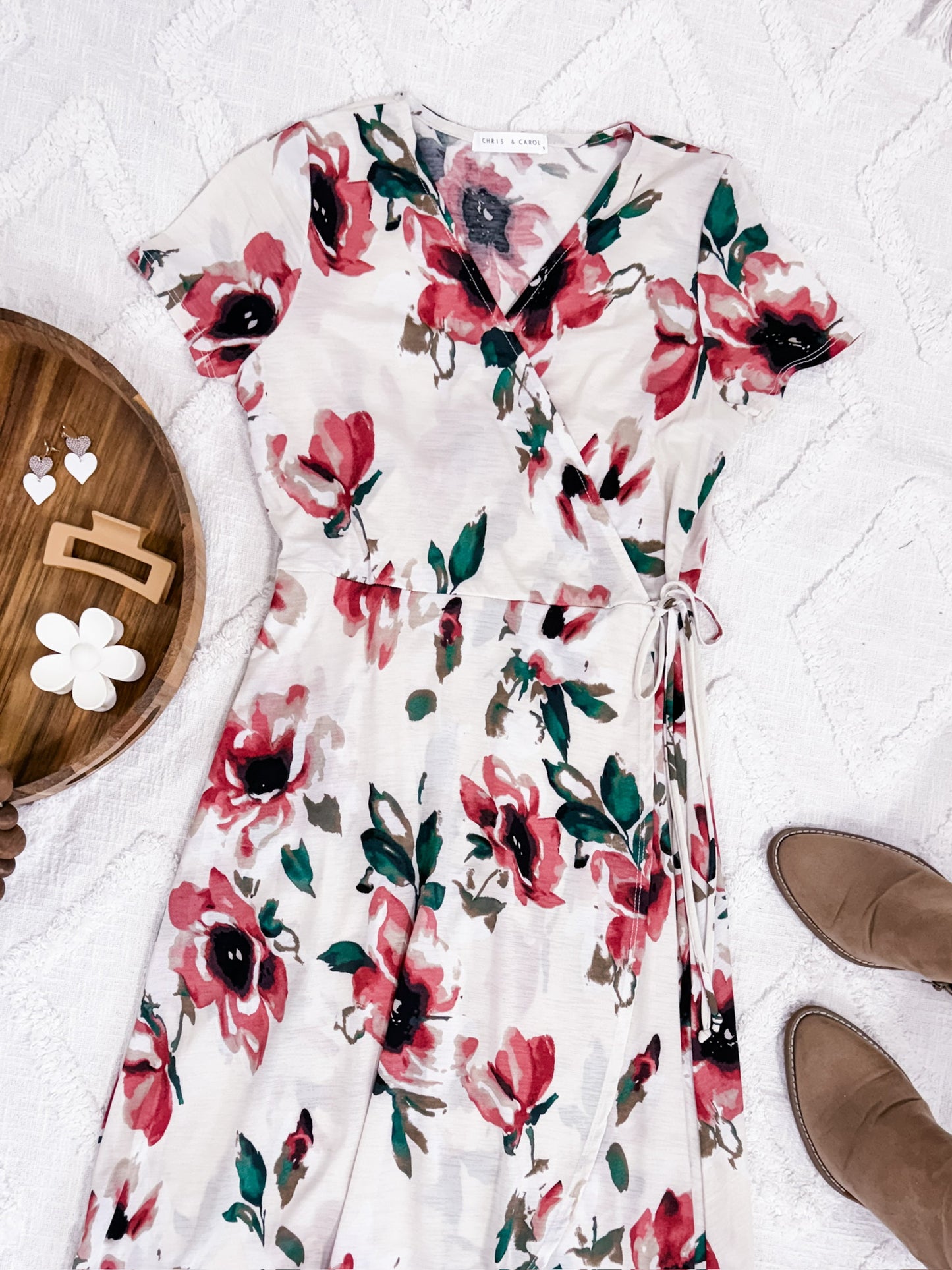 Surplice Midi Dress In Rose Print & Ivory Teal