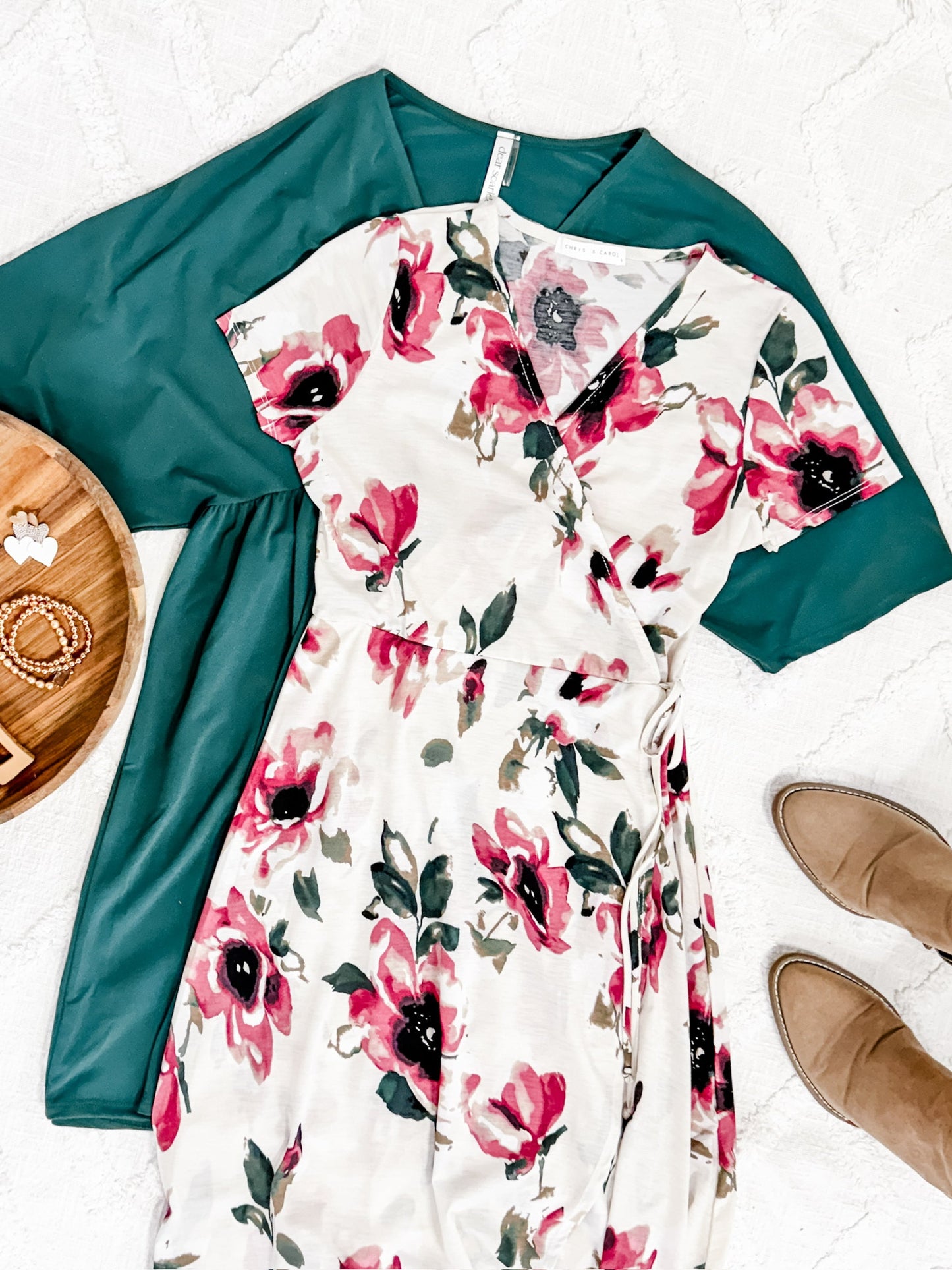 Surplice Midi Dress In Rose Print & Ivory Teal