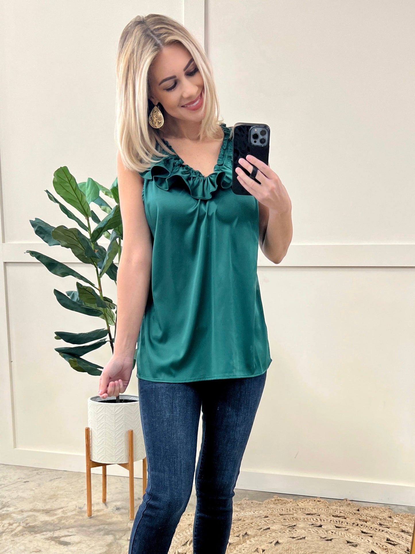 Satin Ruffled V Neck Blouse In Rich Emerald Green 11.21