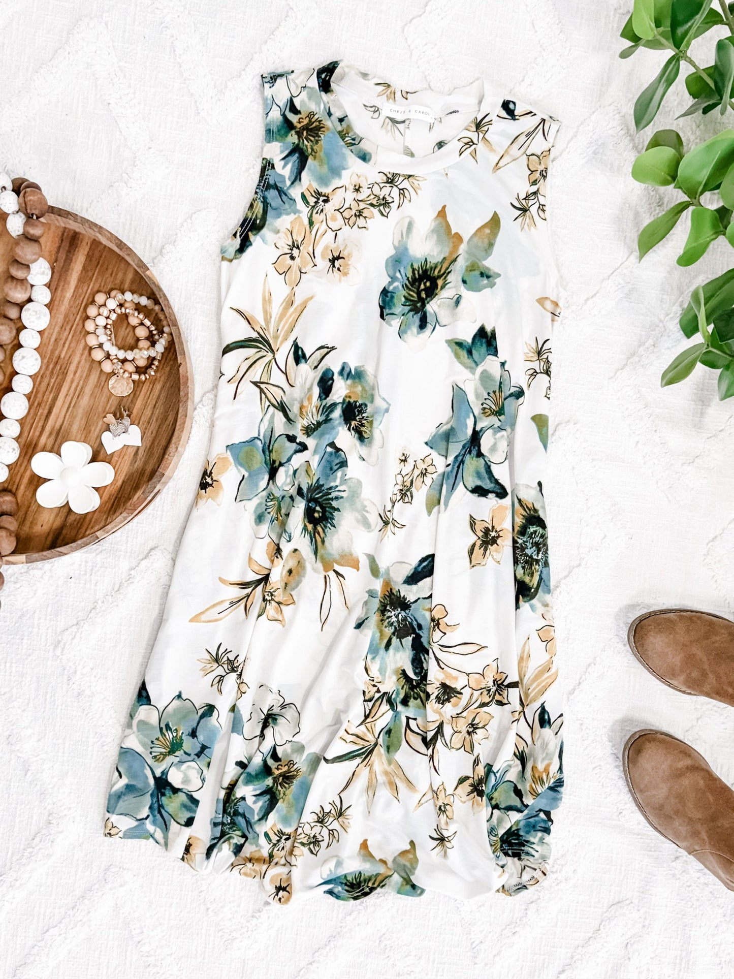 Sleeveless Shift Dress With Pockets In Teal, Yellow & Ivory Florals