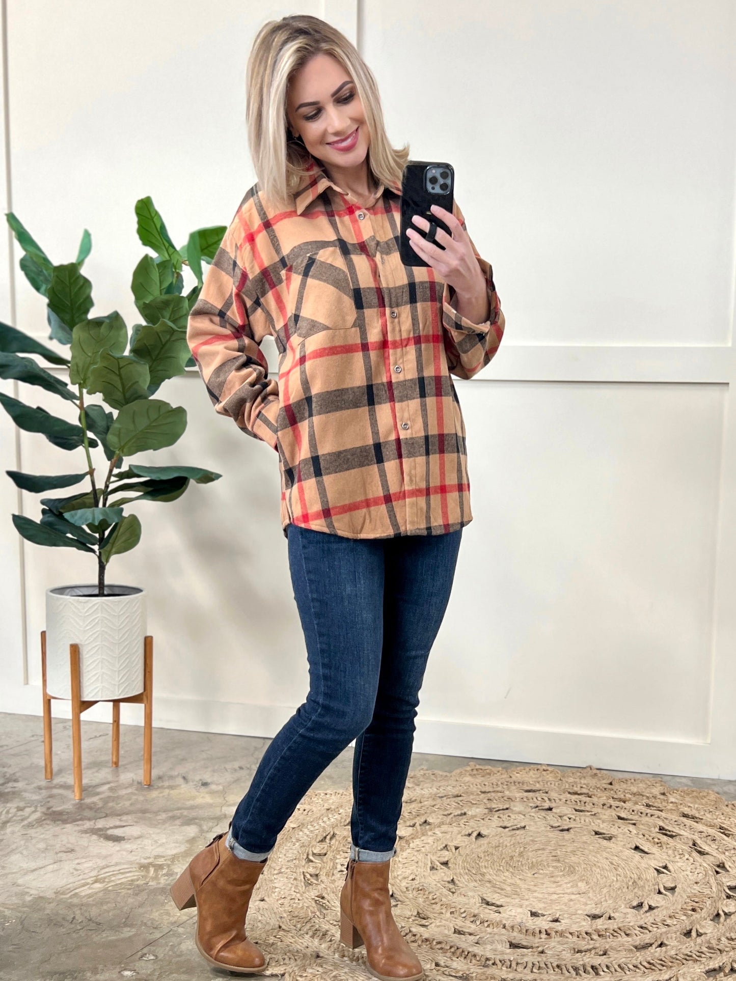 Minky Soft Plaid Shacket In Tan Tartan Check