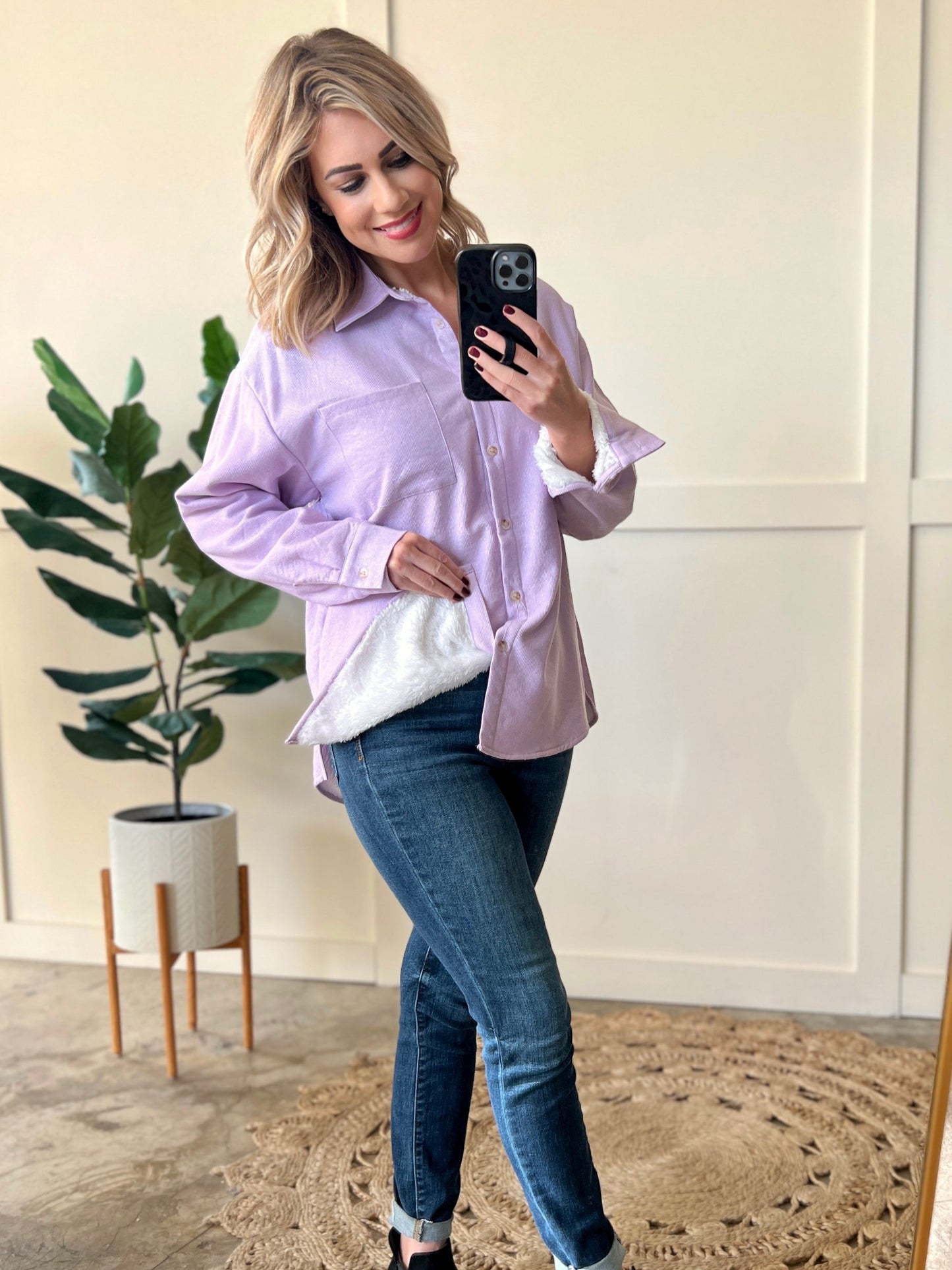 Minky Lined Shacket In Shimmering Violet