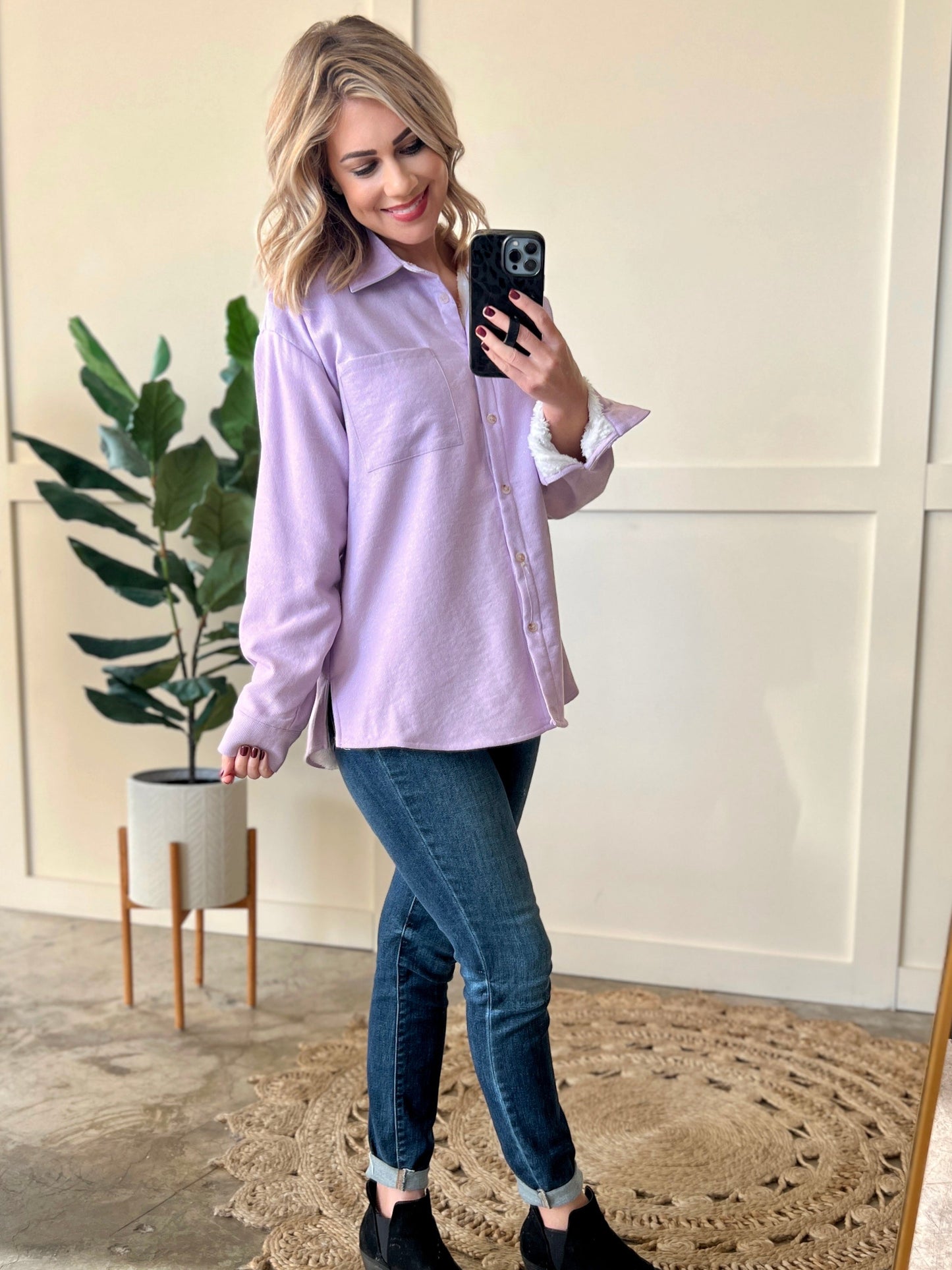 Minky Lined Shacket In Shimmering Violet