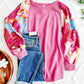 Waffle Knit Top With Floral Sleeves In Pretty Pink