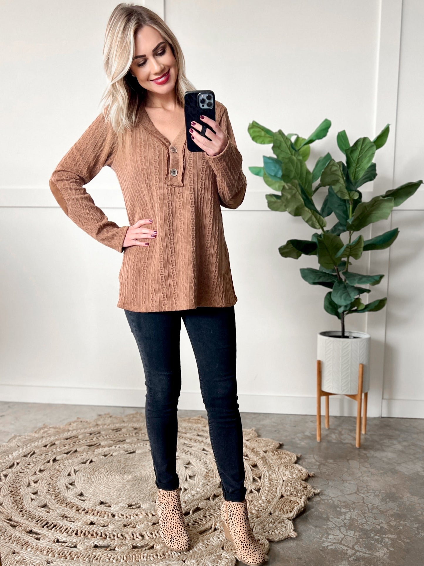 Button Front Knit Top With Elbow Patch Detail In Autumn Leaves 11.20