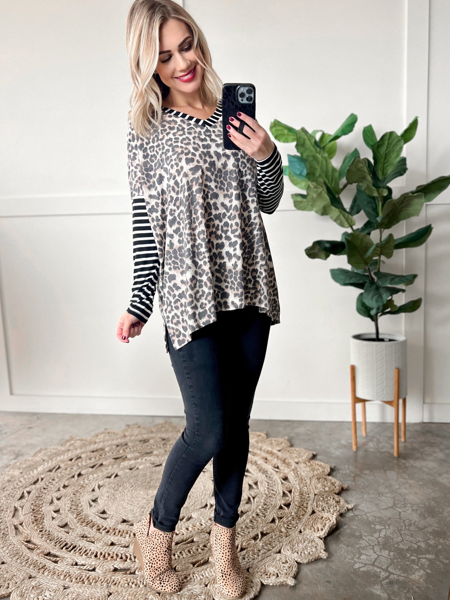 V Neck Dolman Sleeve Top In Leopard Stripes