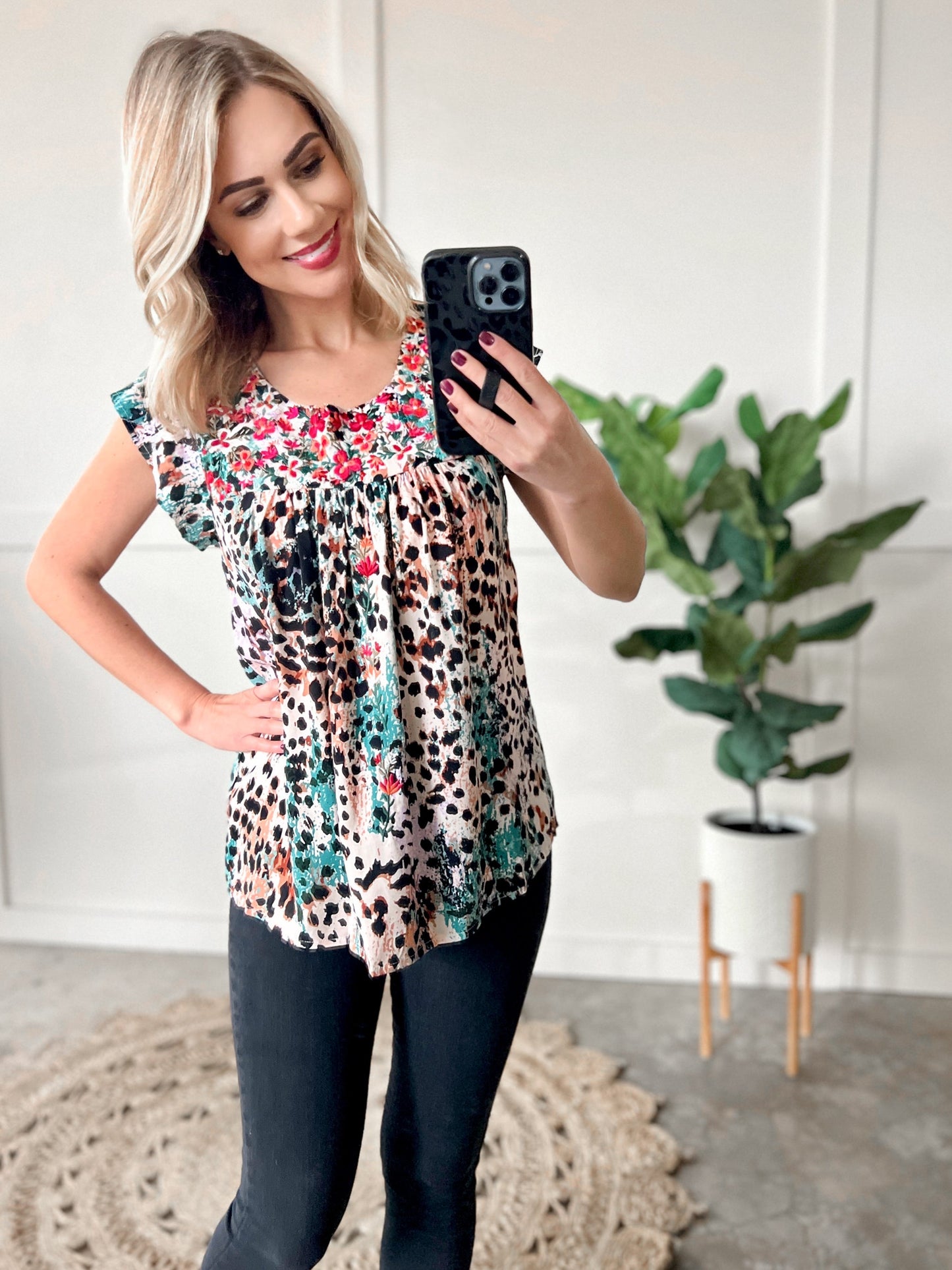 Embroidered Floral and Animal Print Blouse In Teal Multi 11.21