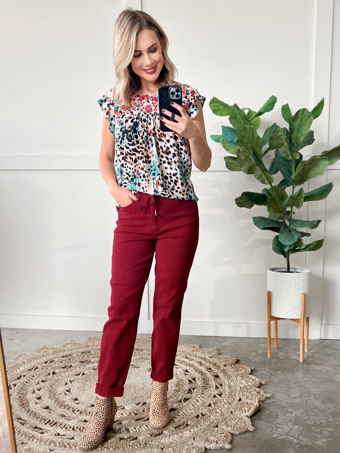 Embroidered Floral and Animal Print Blouse In Teal Multi 11.21