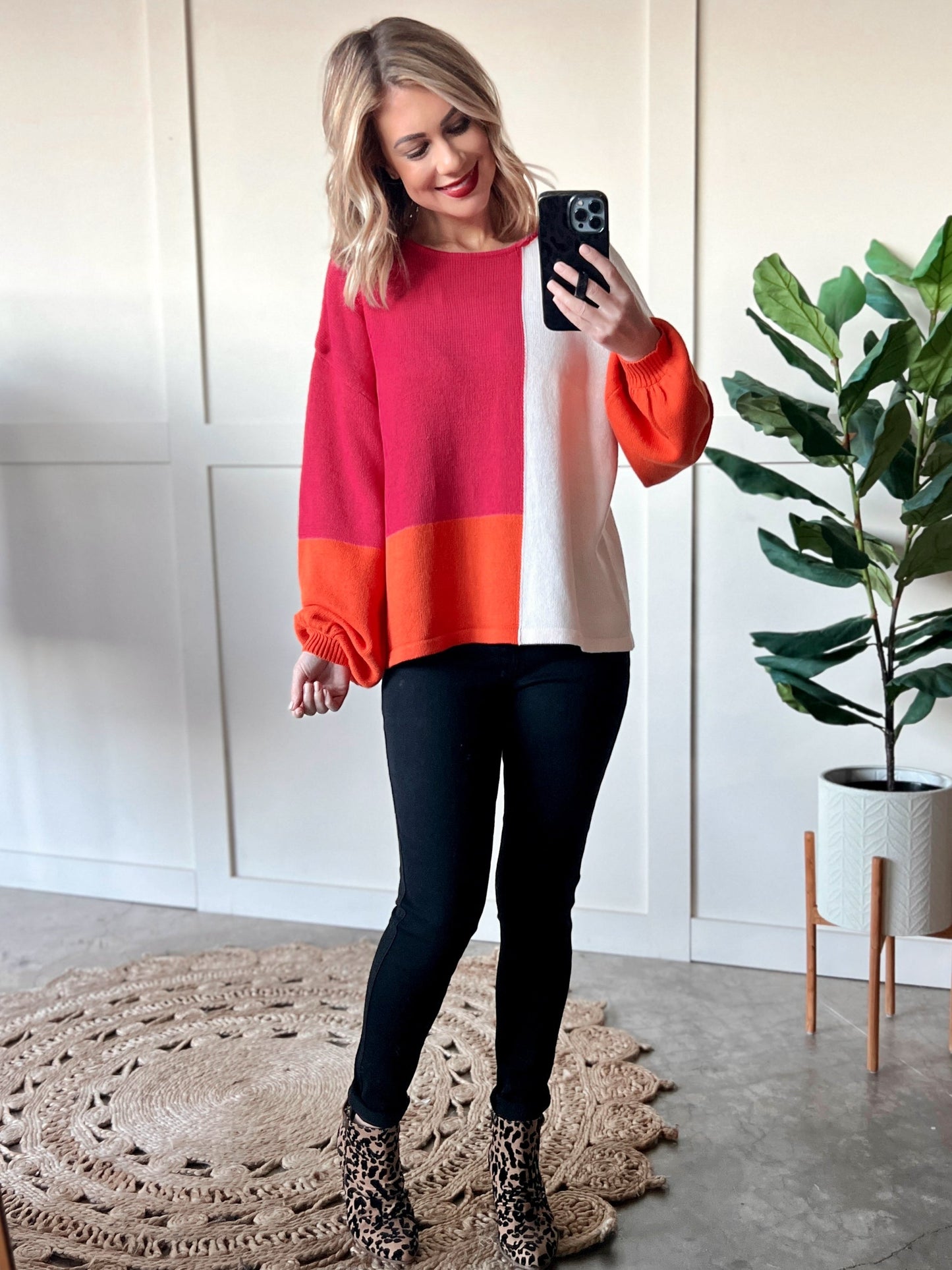 Colorblock Knit Sweater In Pink, Orange & Ivory