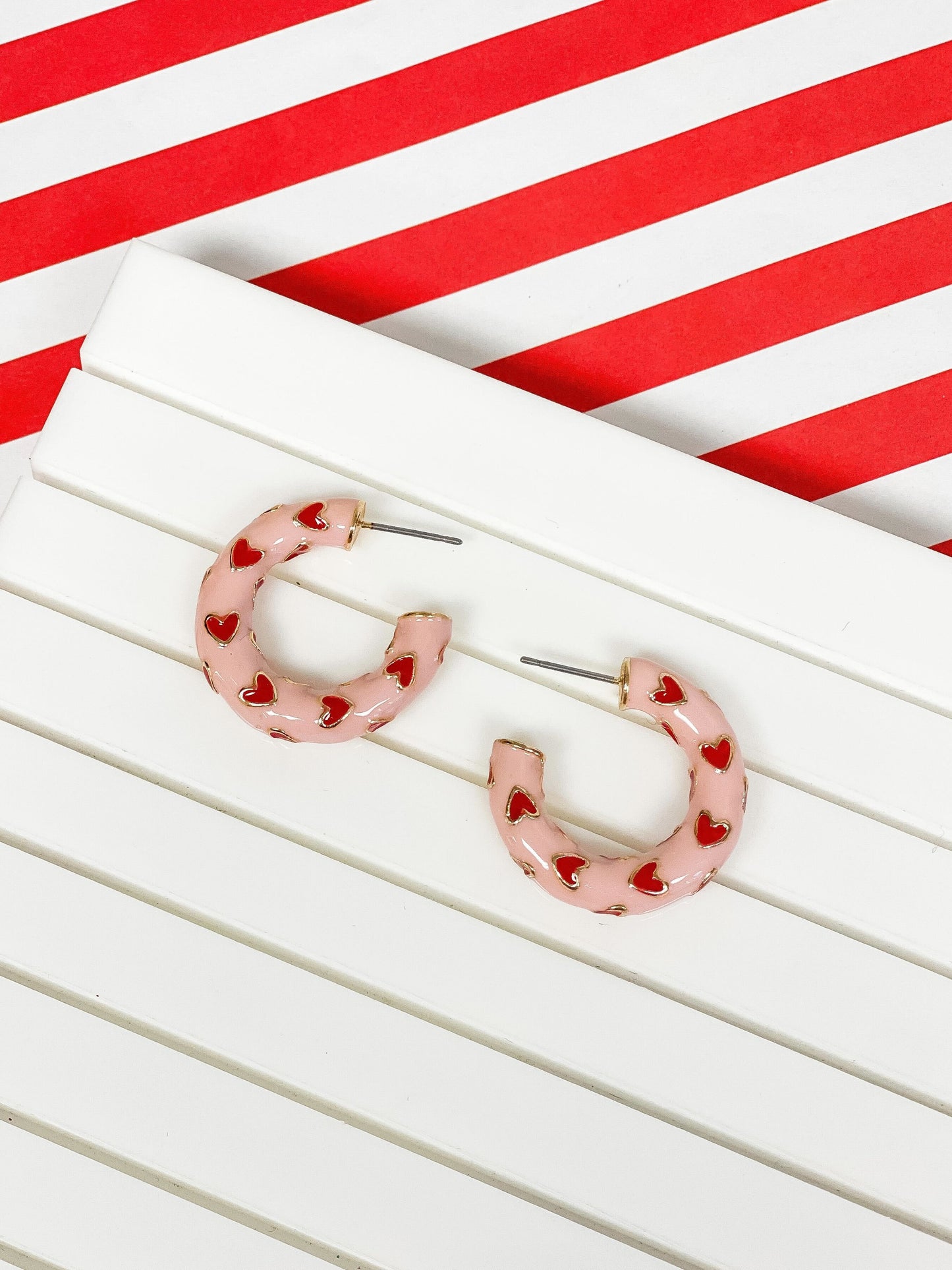 PREORDER: Little Heart Enamel Hoop Earrings in Pink