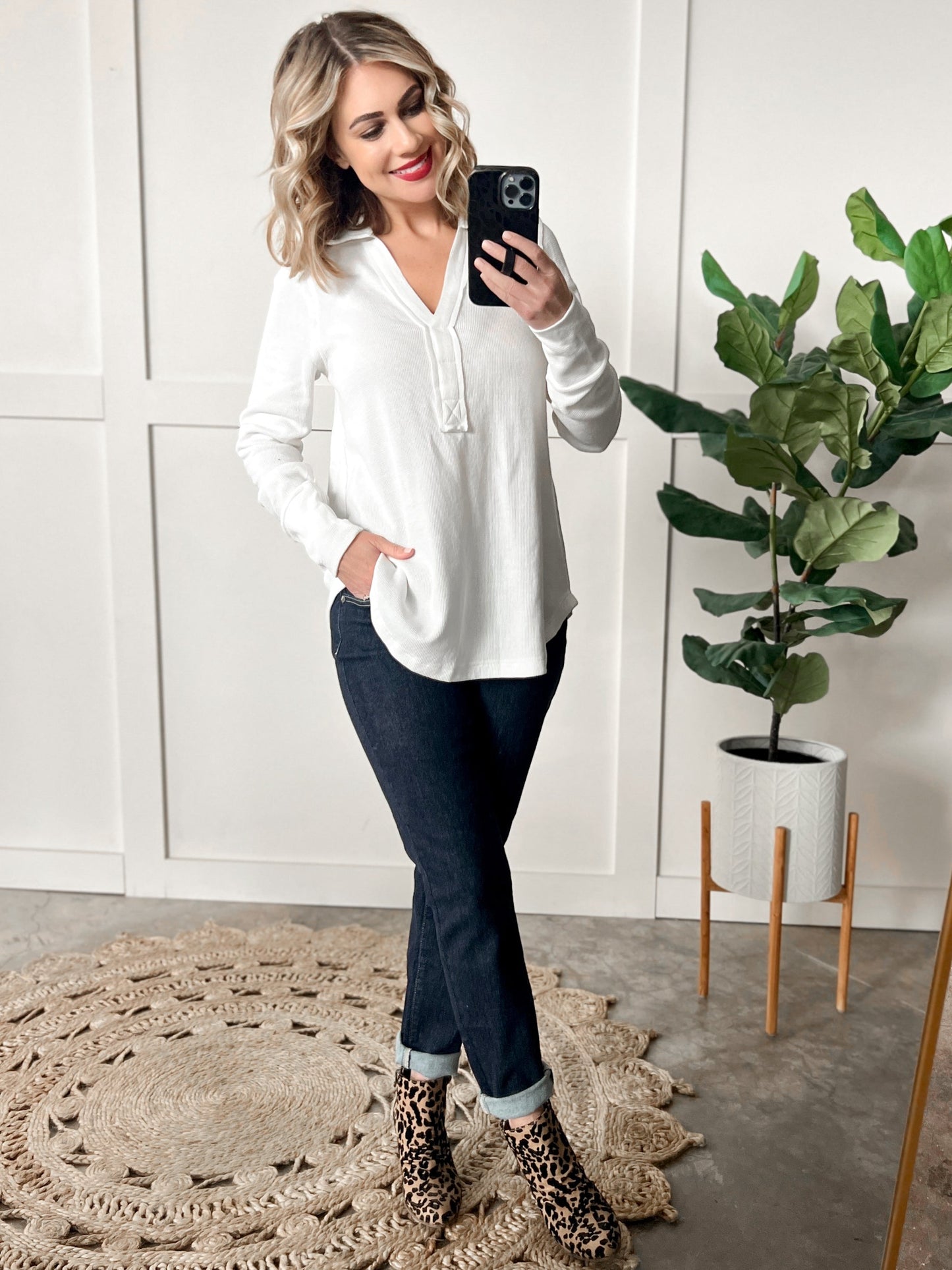 Collared Long Sleeve Thermal Knit Top In White