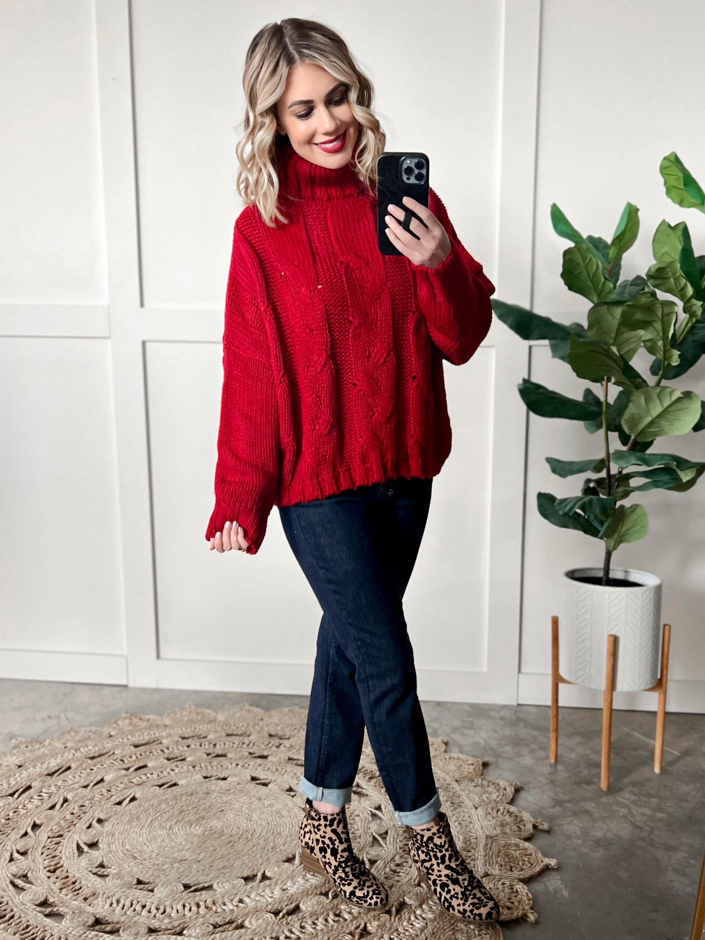 Cozy Cable Knit Sweater In Christmas Red