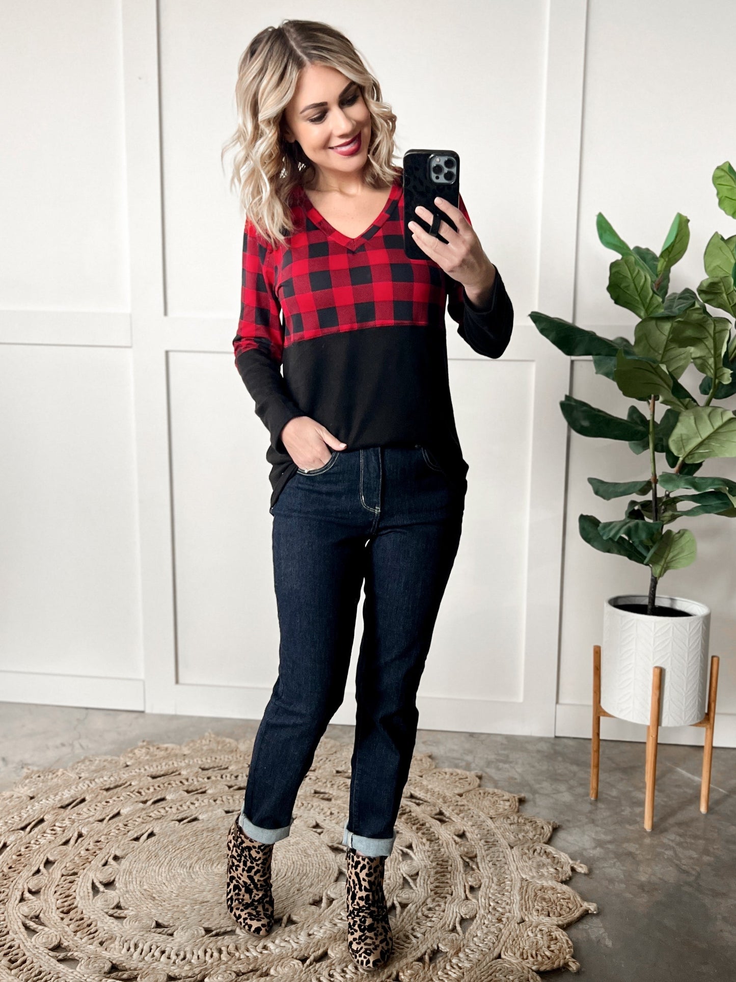 V Neck Buffalo Plaid Top In Red & Black