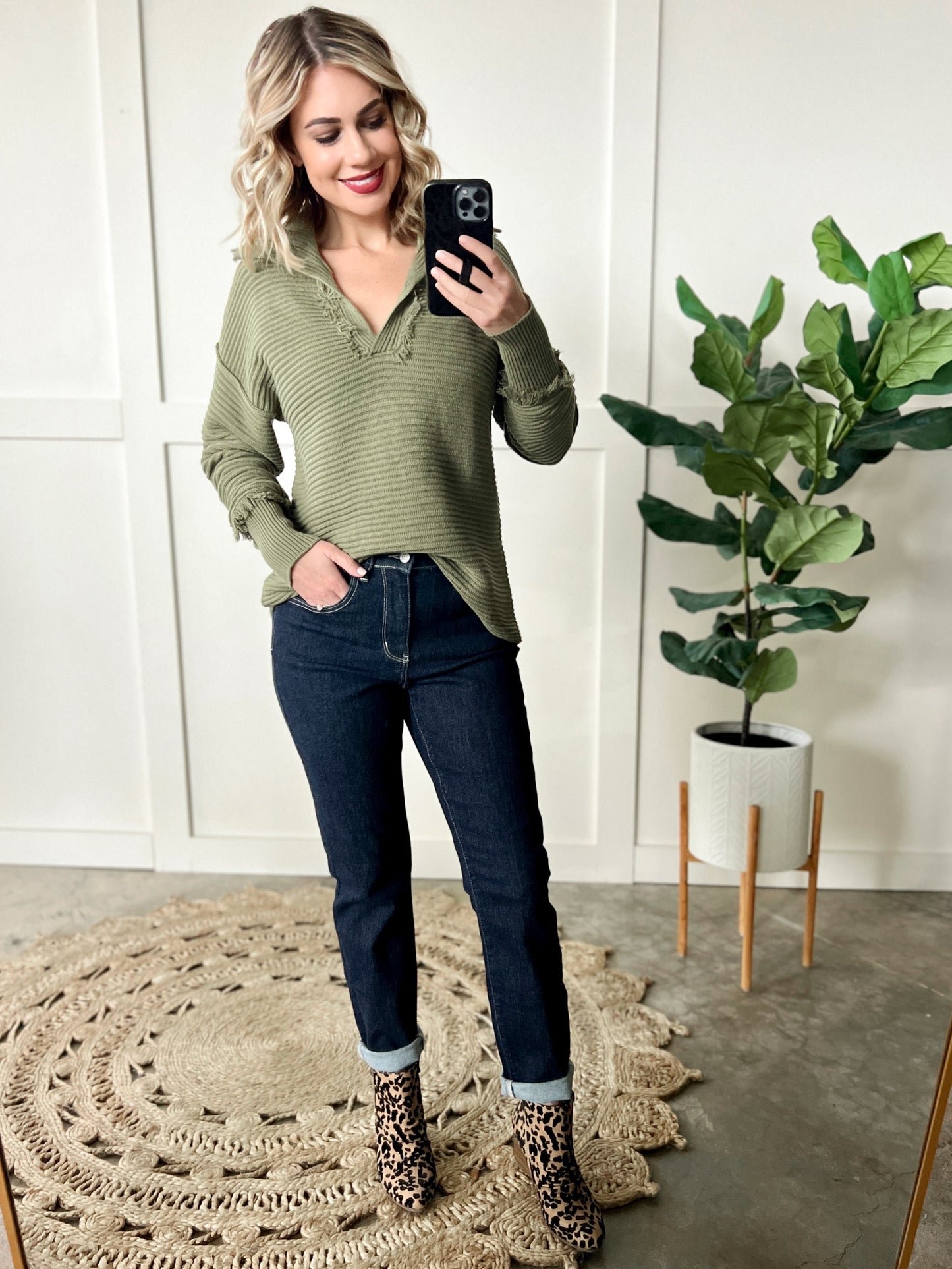 Collared Sweater With Fray Detail In Olive