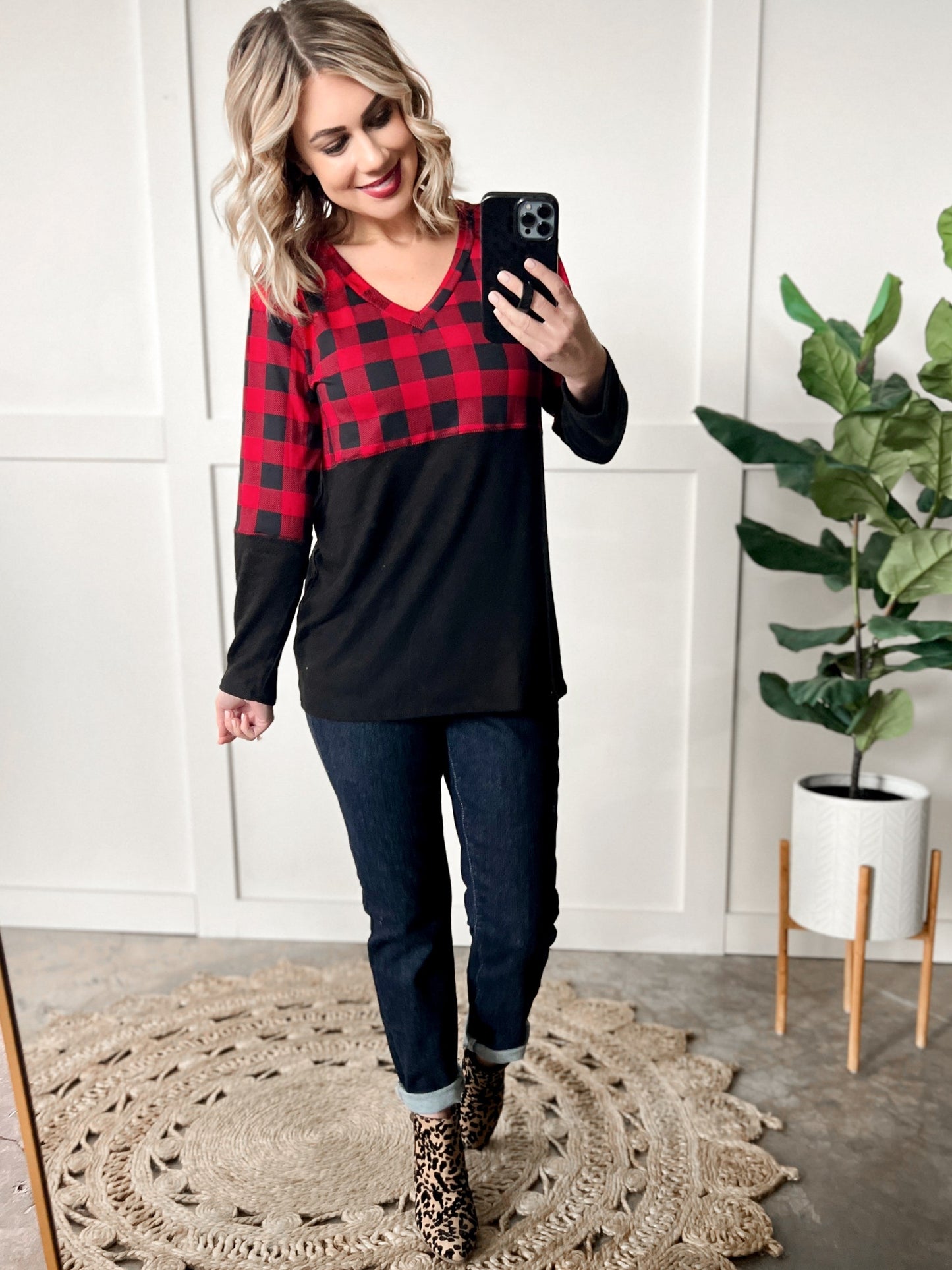 V Neck Buffalo Plaid Top In Red & Black