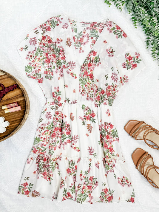 V Neck Ivory Floral Dress In Sage & Cherry