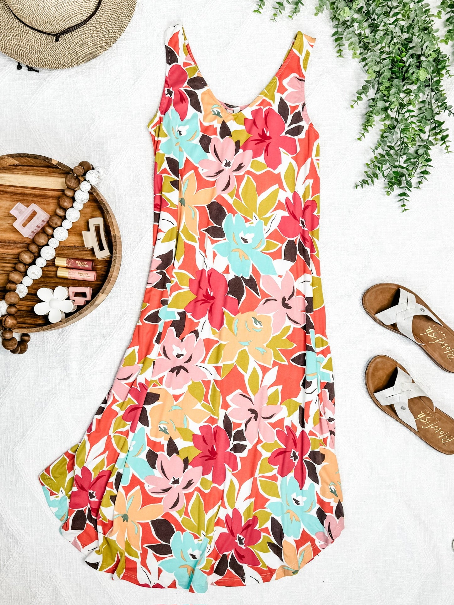 Sleeveless Midi Dress In Colorful Hibiscus Florals
