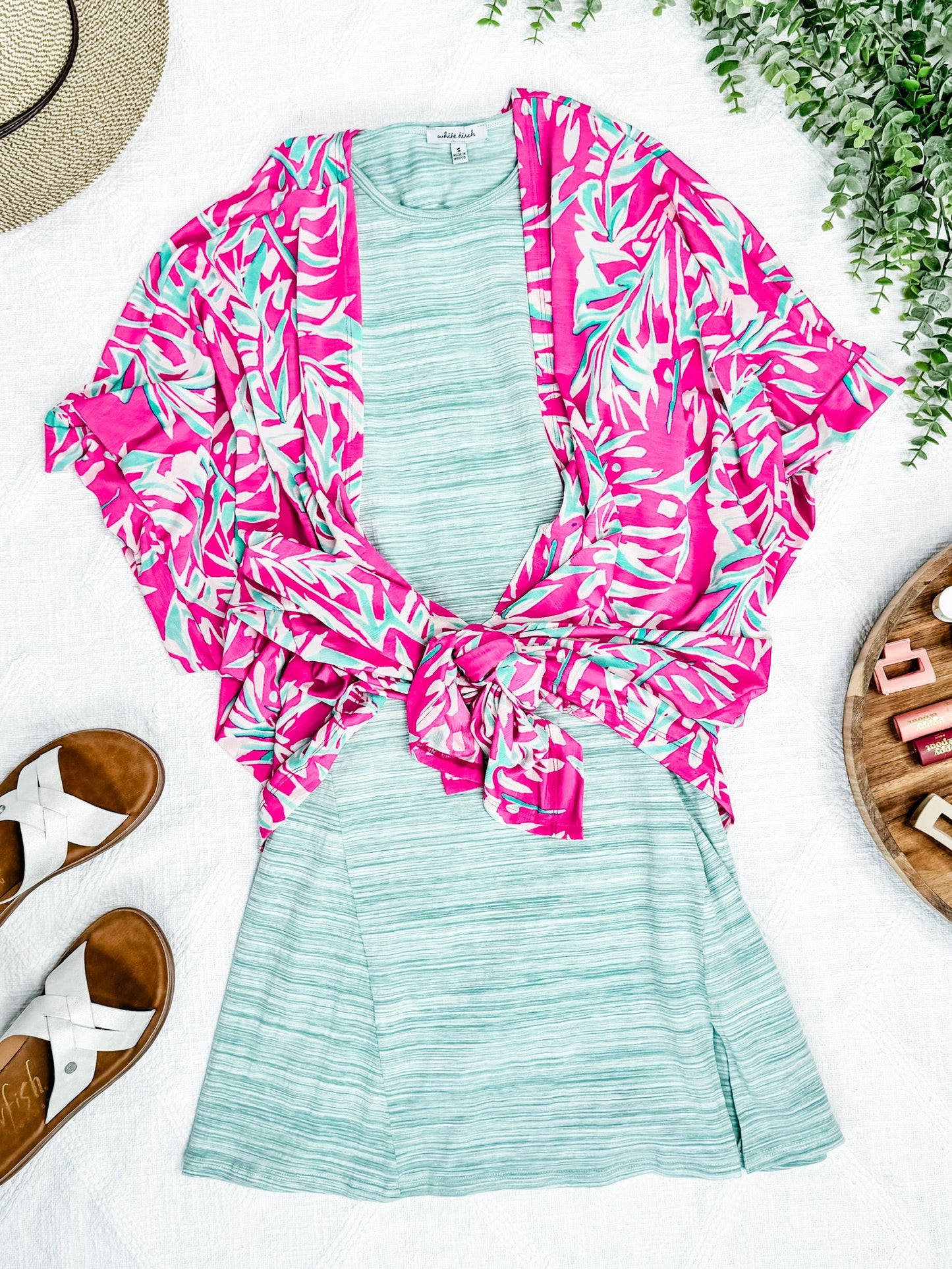 Short Sleeve Kimono In Bright Pink & Teal