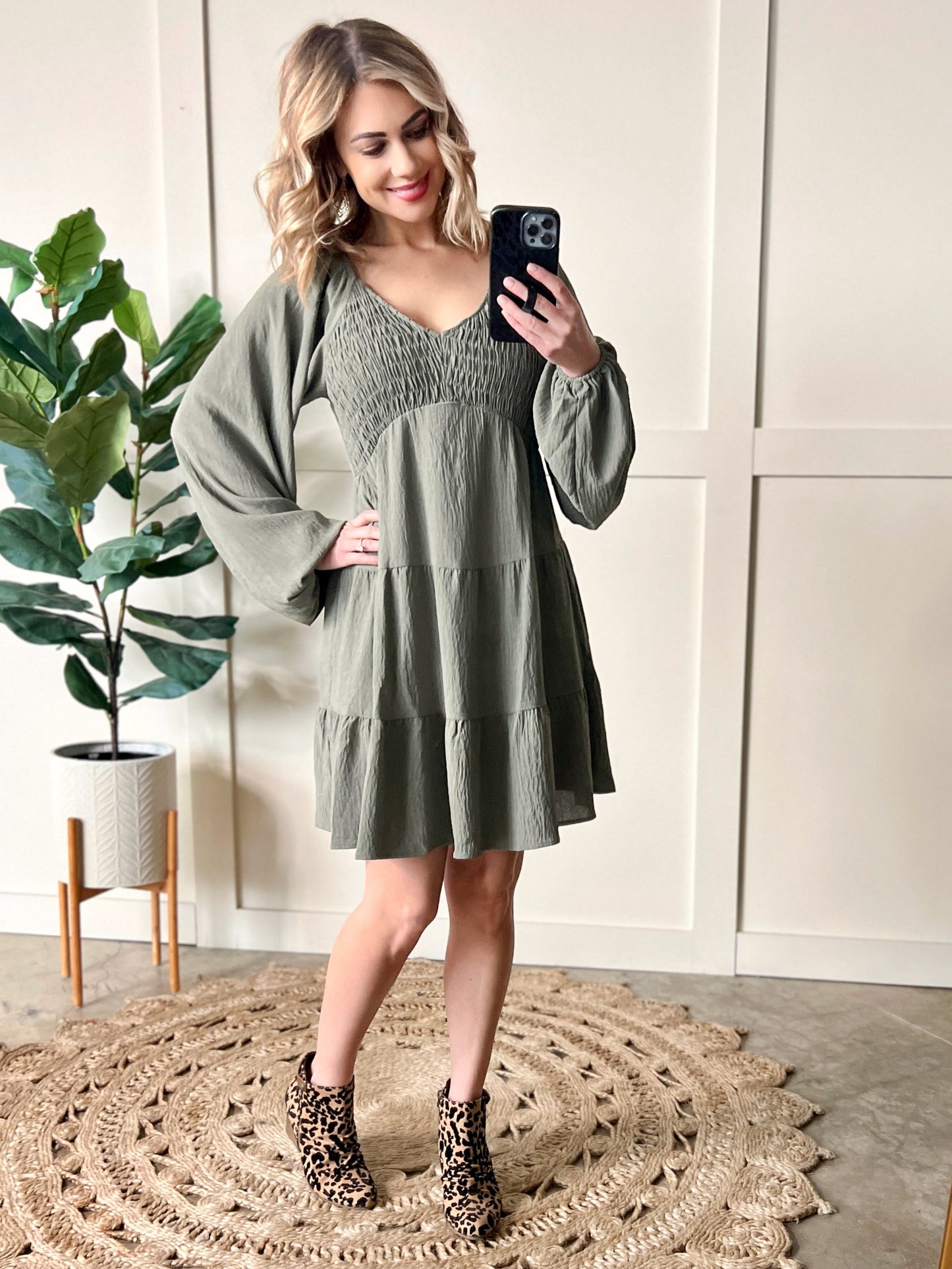 Tiered Smocked Dress With Balloon Sleeves In Olive