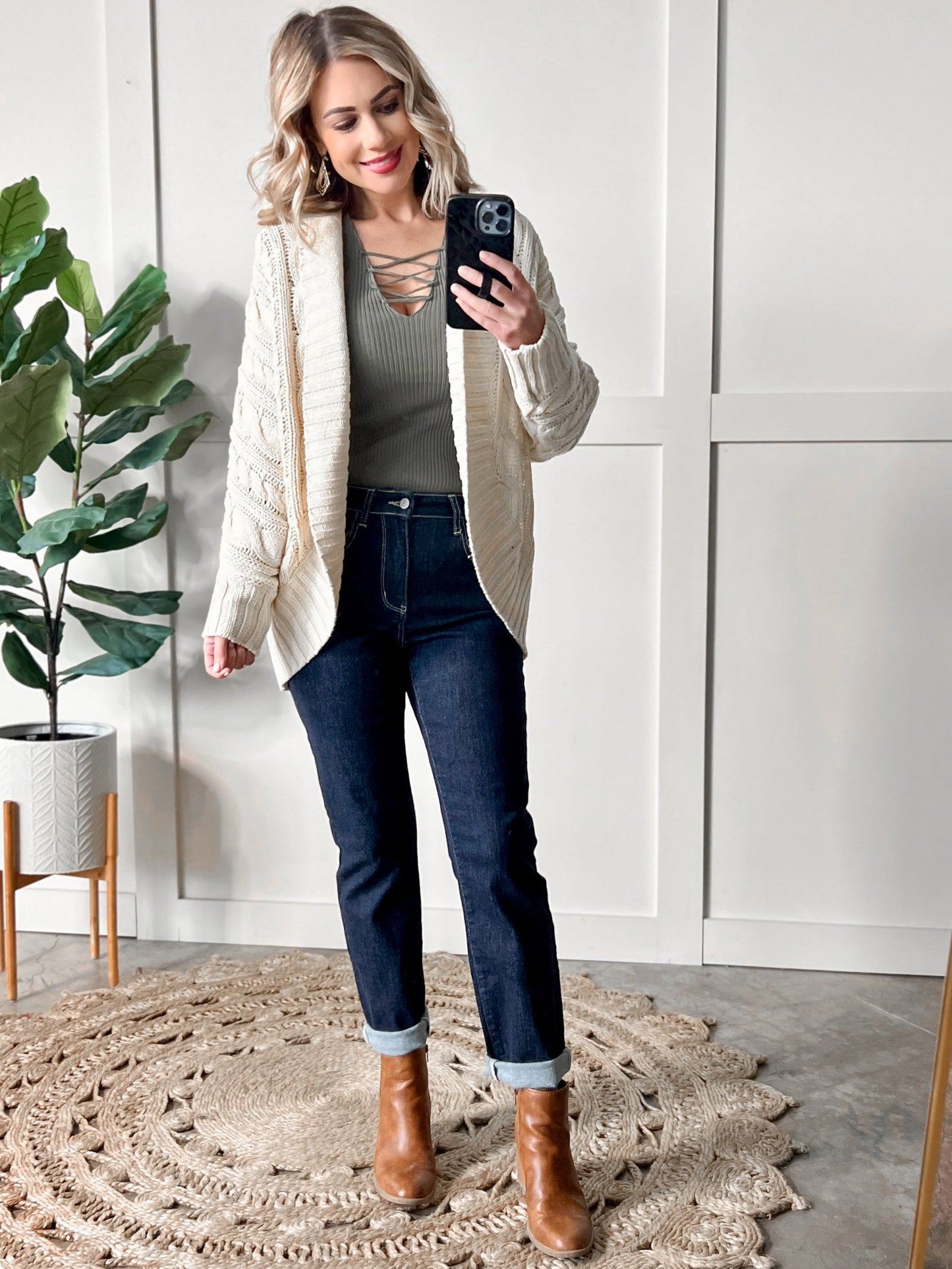 Open Front Cable Knit Cardigan In Natural Cream