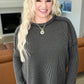 Textured Line Boat Neck Long Sleeve Top in Charcoal
