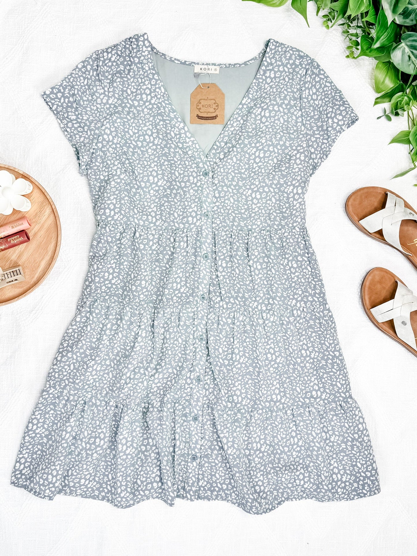 Button Front Dress In Light Aqua Animal Print