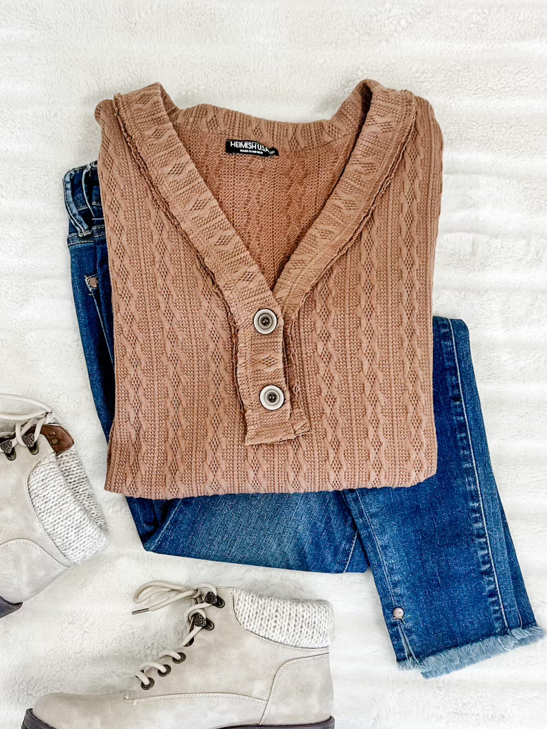 Button Front Knit Top With Elbow Patch Detail In Autumn Leaves 11.20