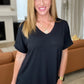 V-Neck Cuffed Sleeve Hi-Low Hem Top in Black