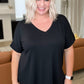 V-Neck Cuffed Sleeve Hi-Low Hem Top in Black