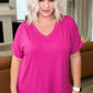 V-Neck Cuffed Sleeve Hi-Low Hem Top in Magenta