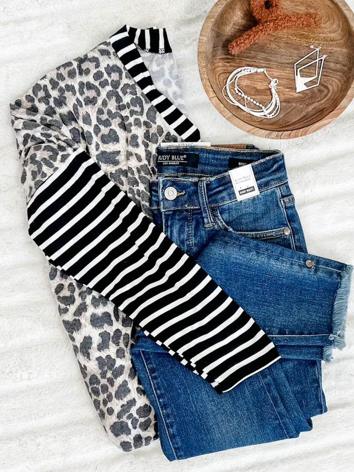 V Neck Dolman Sleeve Top In Leopard Stripes