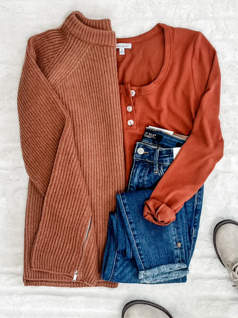 Knit Sweater With Zipper Sleeve Detail In Rustic Fall