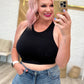 Ribbed Seamless Racerback Crew Neck Crop Tank in Black