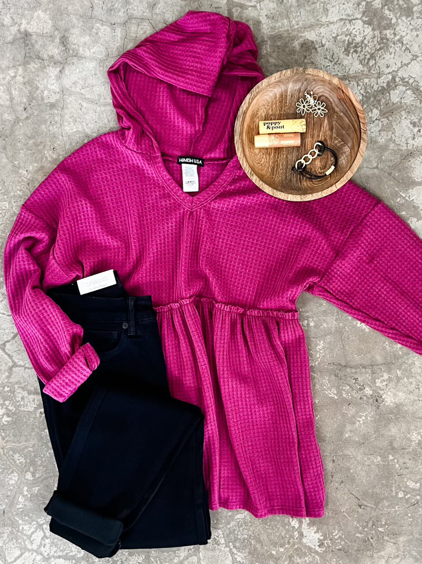 Waffle Knit Hooded Babydoll Top In Magenta