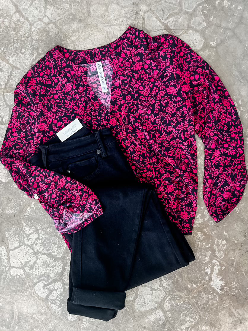 Gabby Front Top With Button Sleeve Detail In Magenta Florals