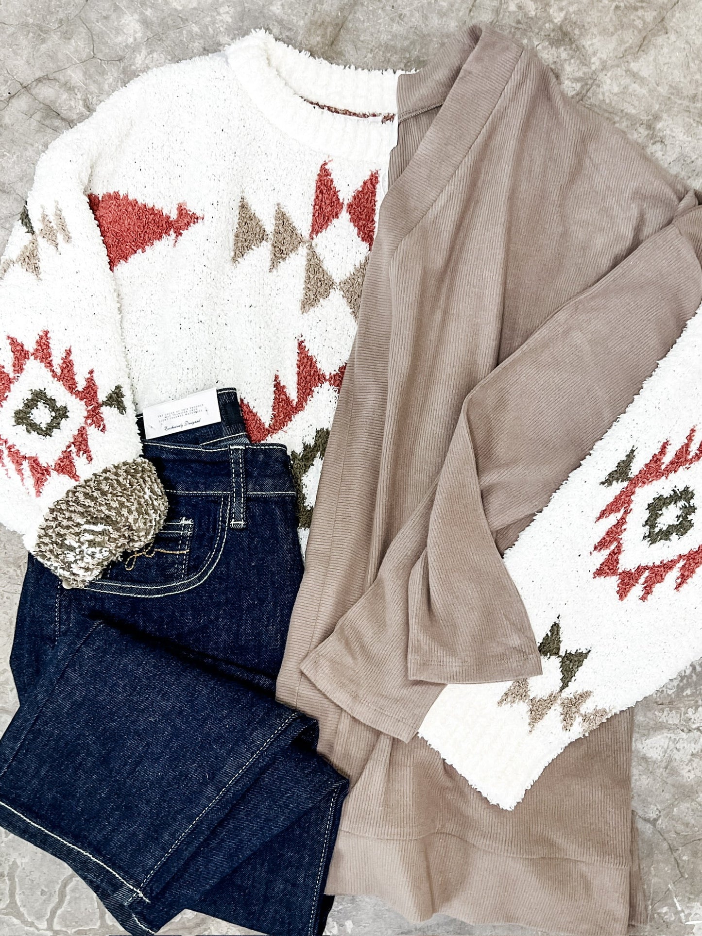 Popcorn Aztec Sweater In Cream, Olive & Rust